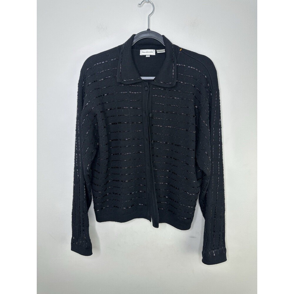 Vintage Jacobson’s Merino Wool Cardigan Women Large Black Retro Beaded Grandma
